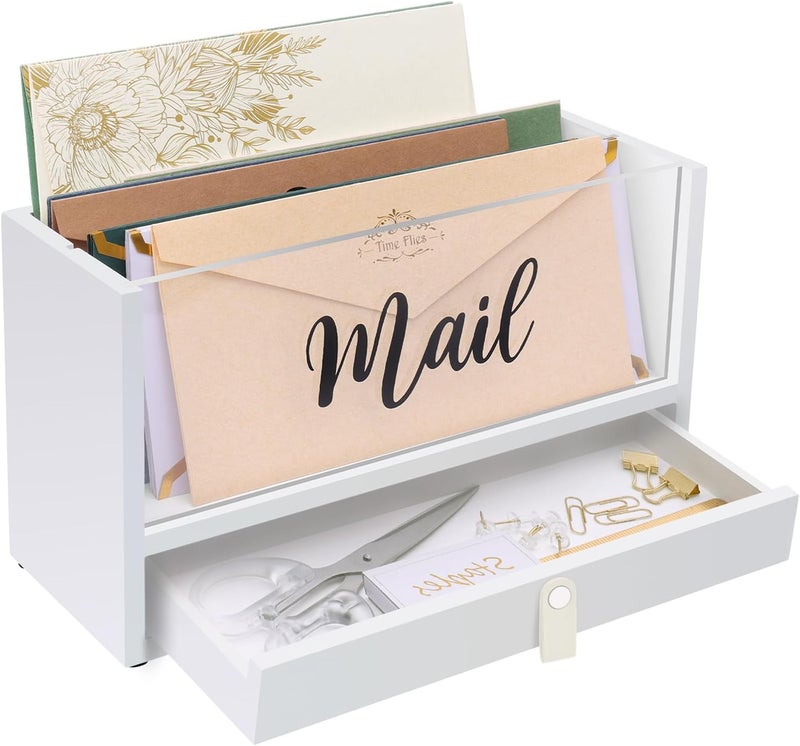 Intarsio Two-Layer Solid Wooden Mail Storage Organizer Holder with Clear Acrylic Top and Bottom Drawer, Leather Handle, Keeping Mail, Bills, Letters, Cards and Office Supplies in One Place, Home Decor Gifts - Image 1